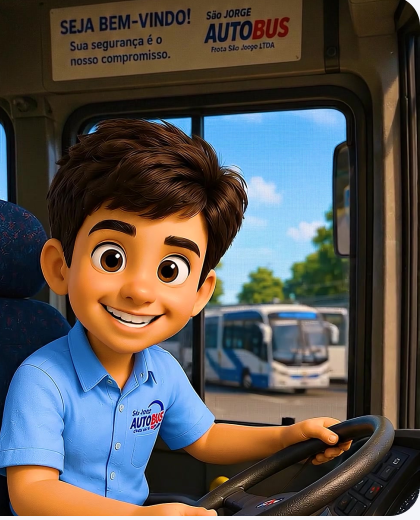 Jorginho, o personagem da São Jorge, ao volante de um ônibus